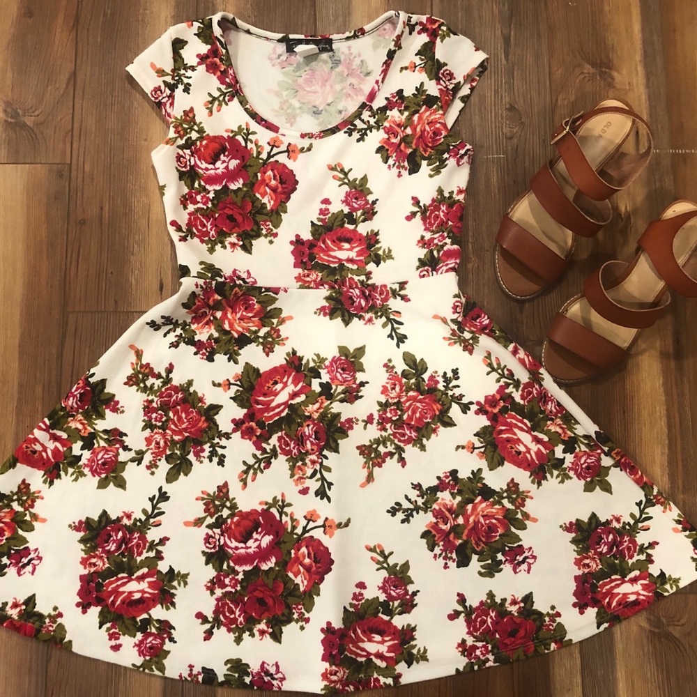 White & Red Rose Floral Print Dress